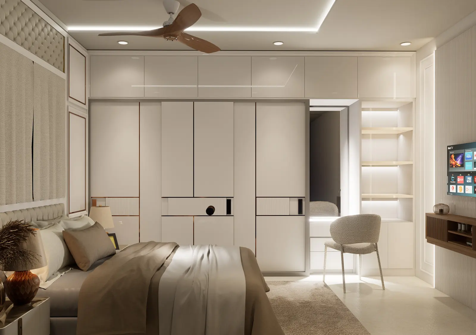 Bedroom with warm wood accent wall