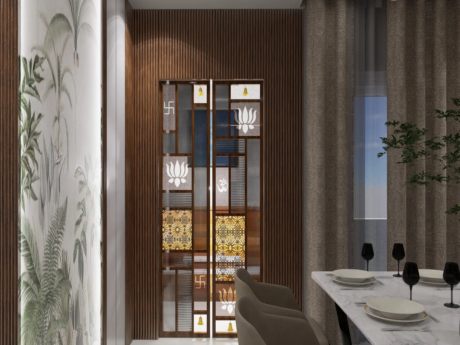 Dining area with botanical accent wall