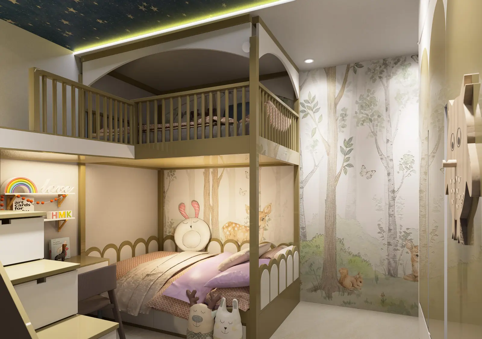 Kids' loft bunk room with starlit ceiling