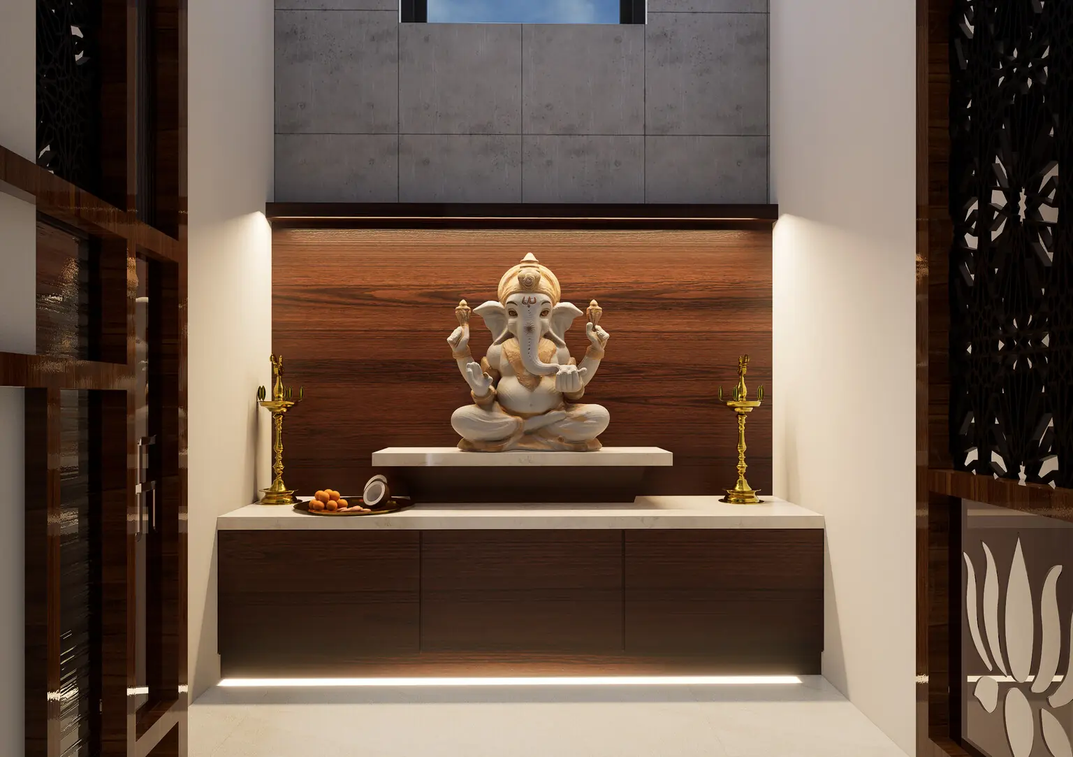 Wood-panelled pooja unit