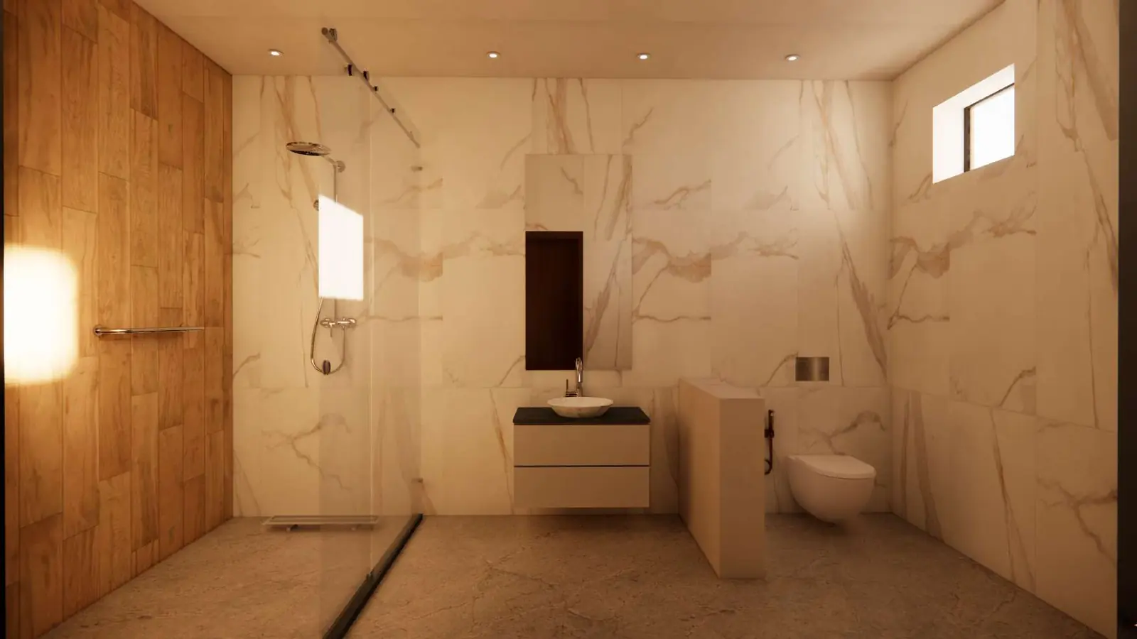 Bathroom with marble-look vanity wall