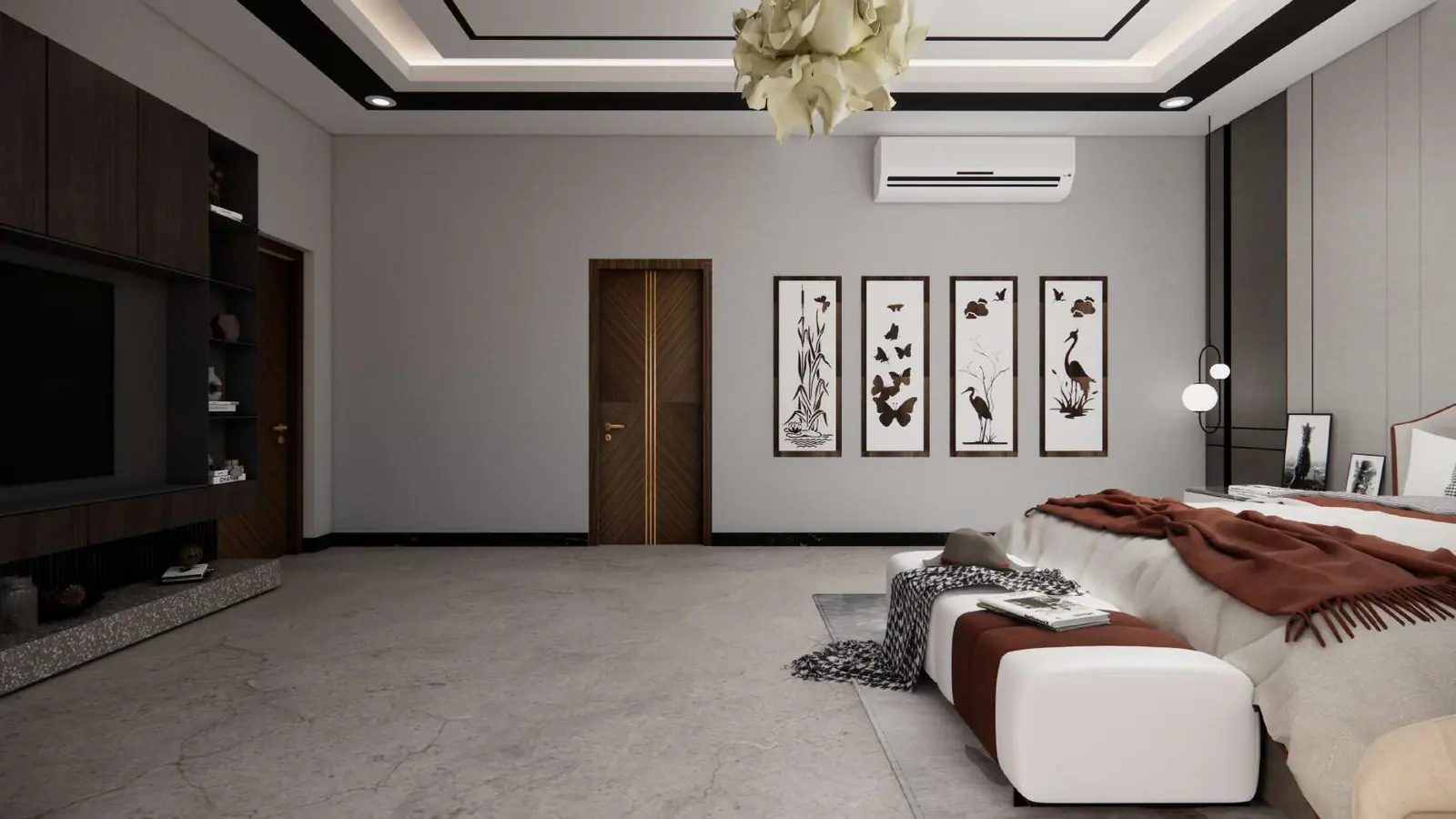 Bedroom with framed art gallery wall