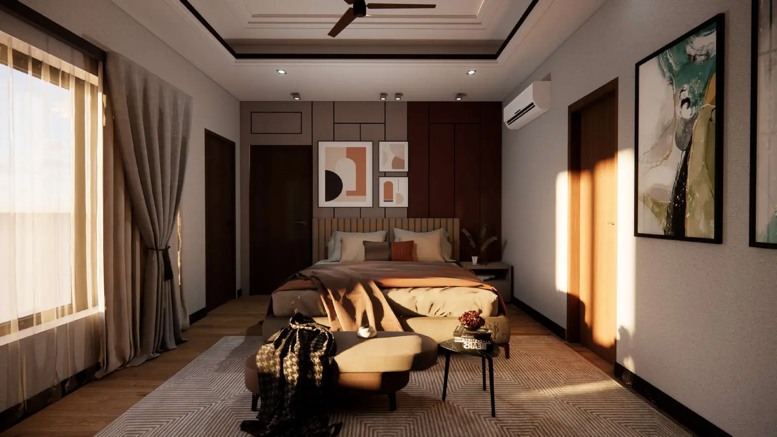 Bedroom with charcoal fluted headboard panel