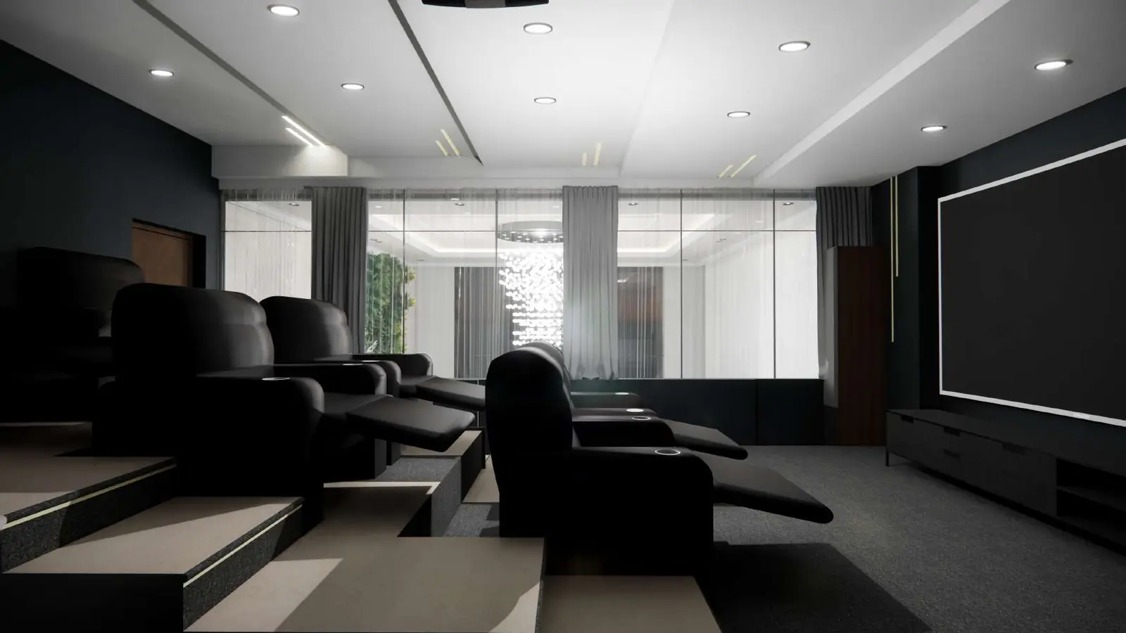 Home theatre with tiered recliner seating