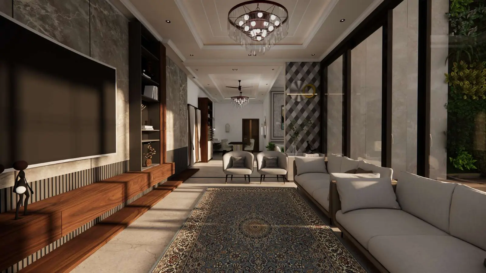 Marble-panel TV wall with walnut console