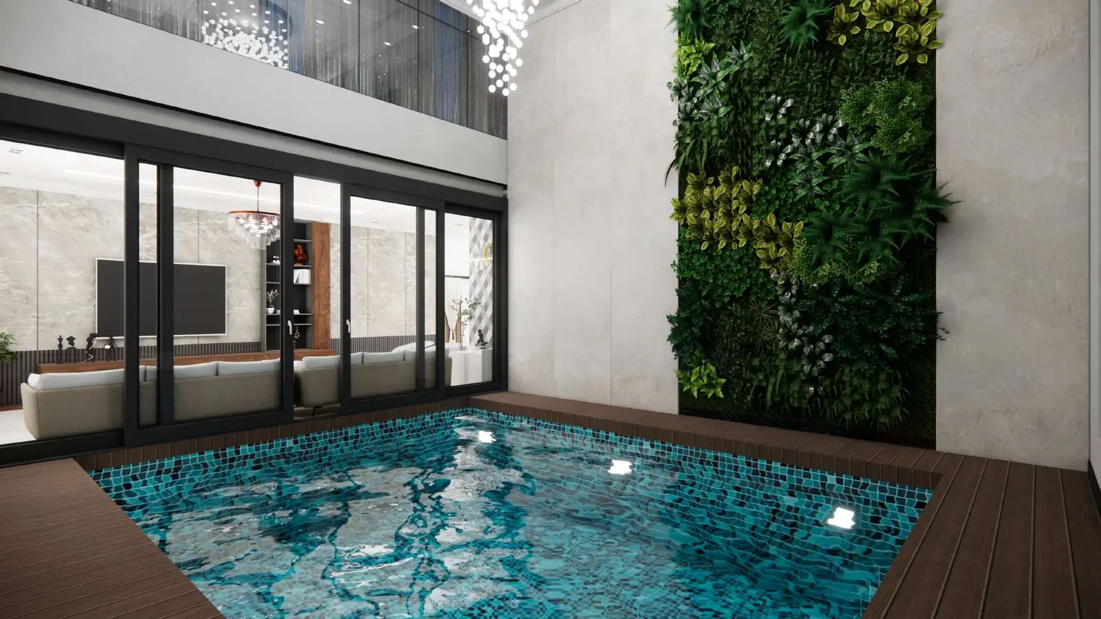 Courtyard pool with a vertical garden wall