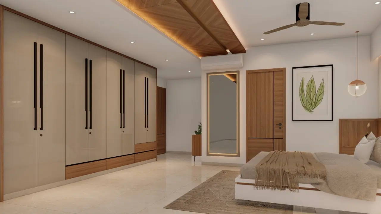 Bedroom with champagne-gloss wardrobe