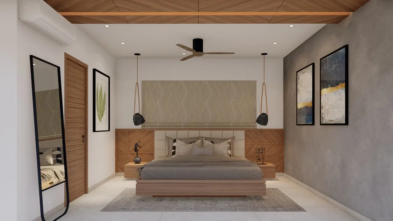 Bedroom with dark wood ceiling and pendant lights
