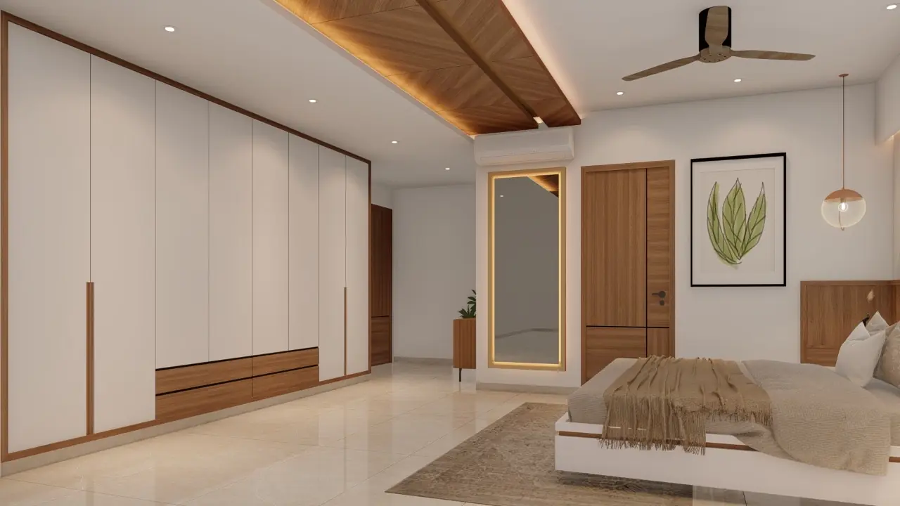 Bedroom with white wardrobe and floor mirror