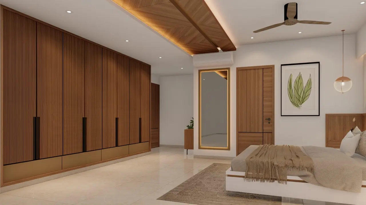 Bedroom with wood-slat wardrobe