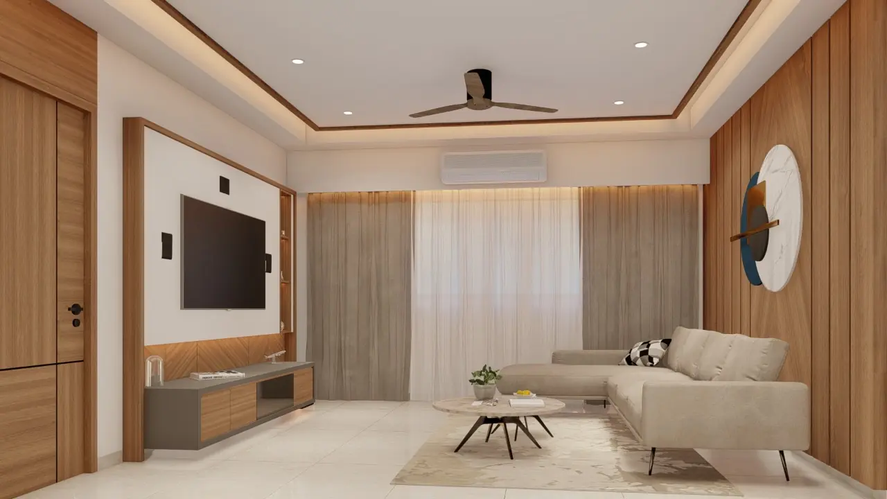 Living room with beige sofa and panelled accent wall
