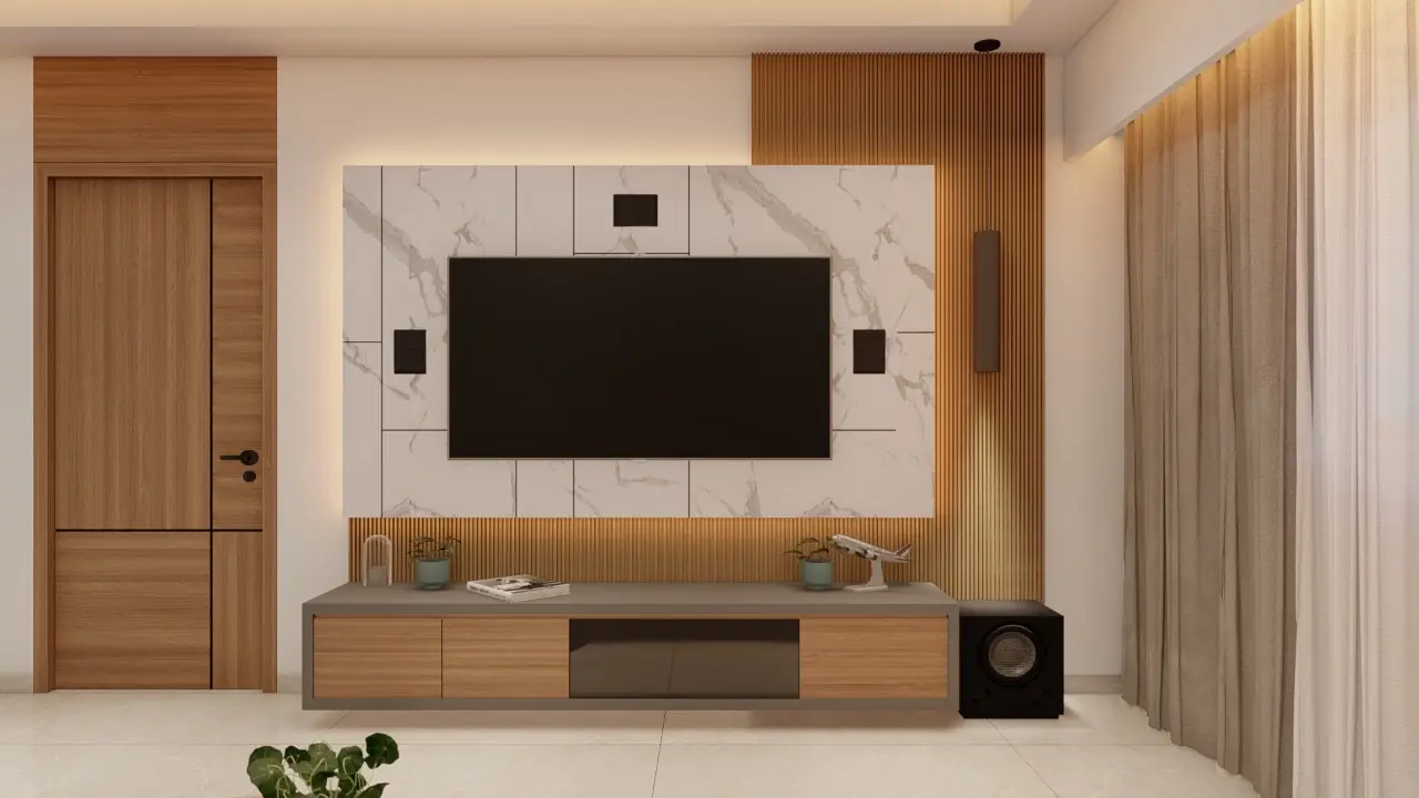 Living room with marble TV panel and wood slats
