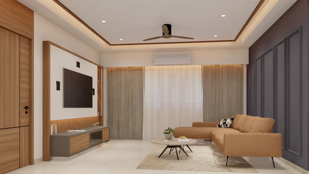 Living room with rust sofa and panelled accent wall