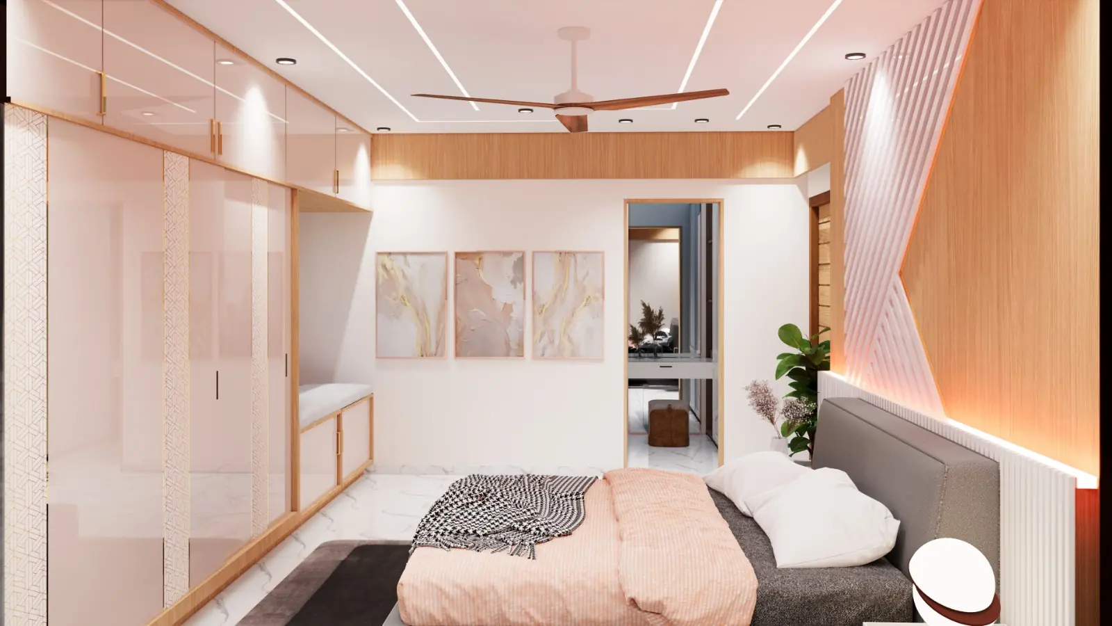 Bedroom with blush wardrobe and gold accents