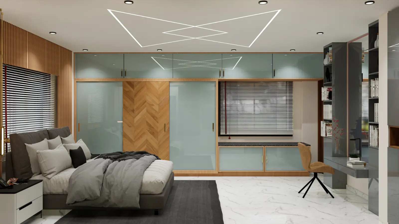 Bedroom with sage wardrobe and herringbone panel door