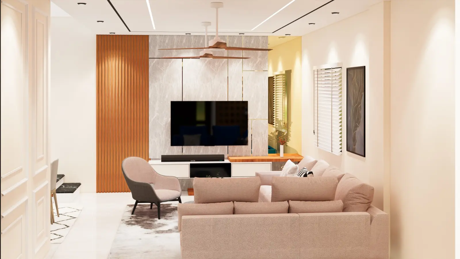 Living room with blush sofa and marble-and-wood TV wall