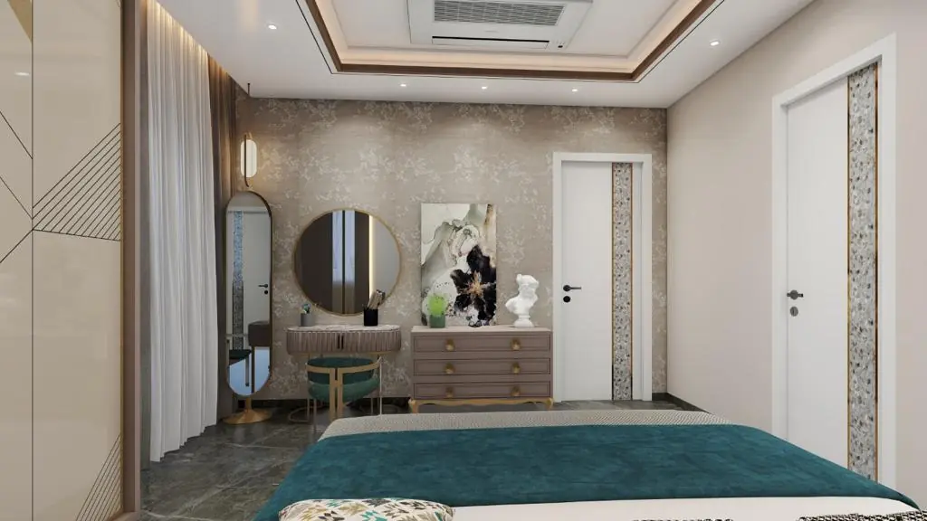 Bedroom with floral wallpaper and dressing table