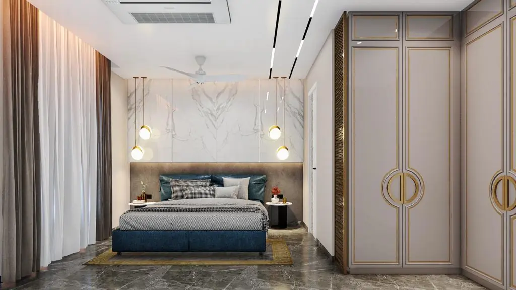 Bedroom with gold circular-handle wardrobe