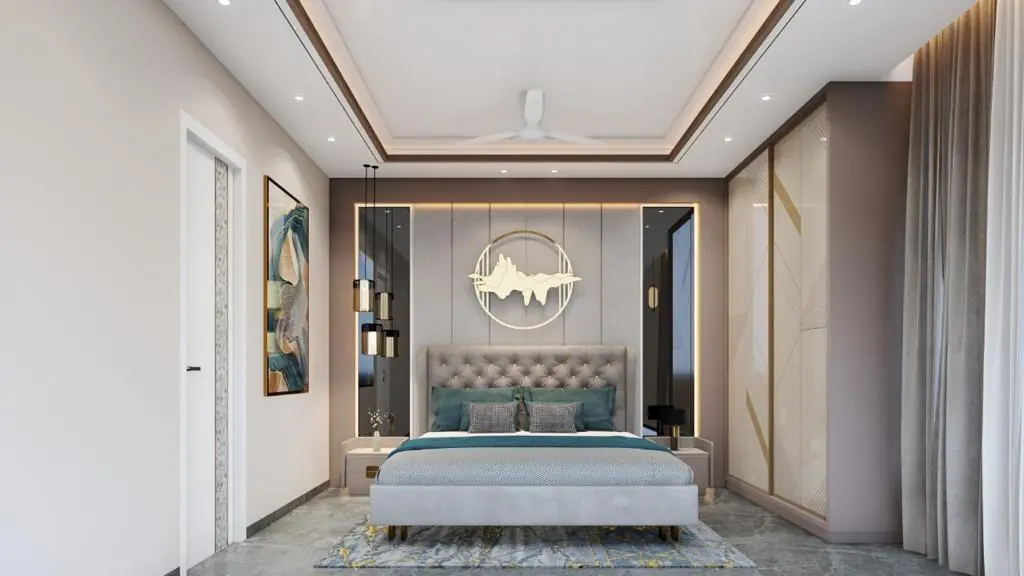 Bedroom with teal bedding and circular wall art, another angle