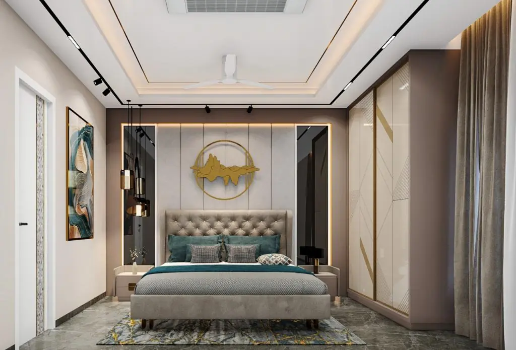 Bedroom with teal bedding and circular wall art