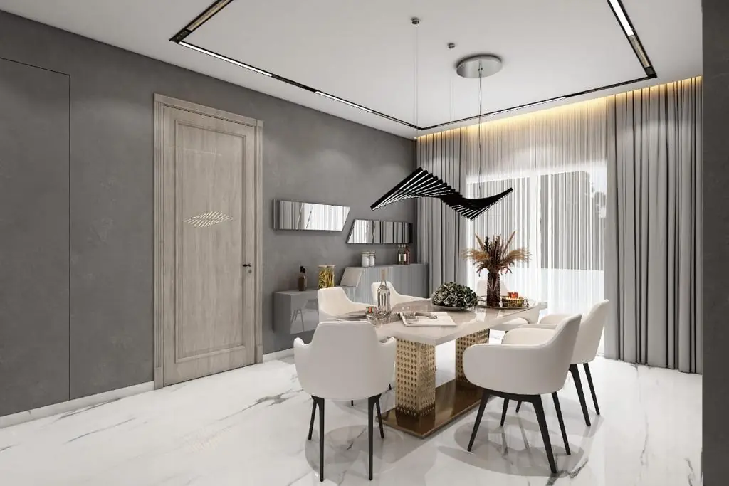Dining room with gold-base table and cascade pendant