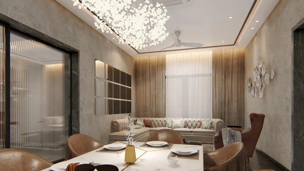 Dining and lounge area with white chesterfield sofa