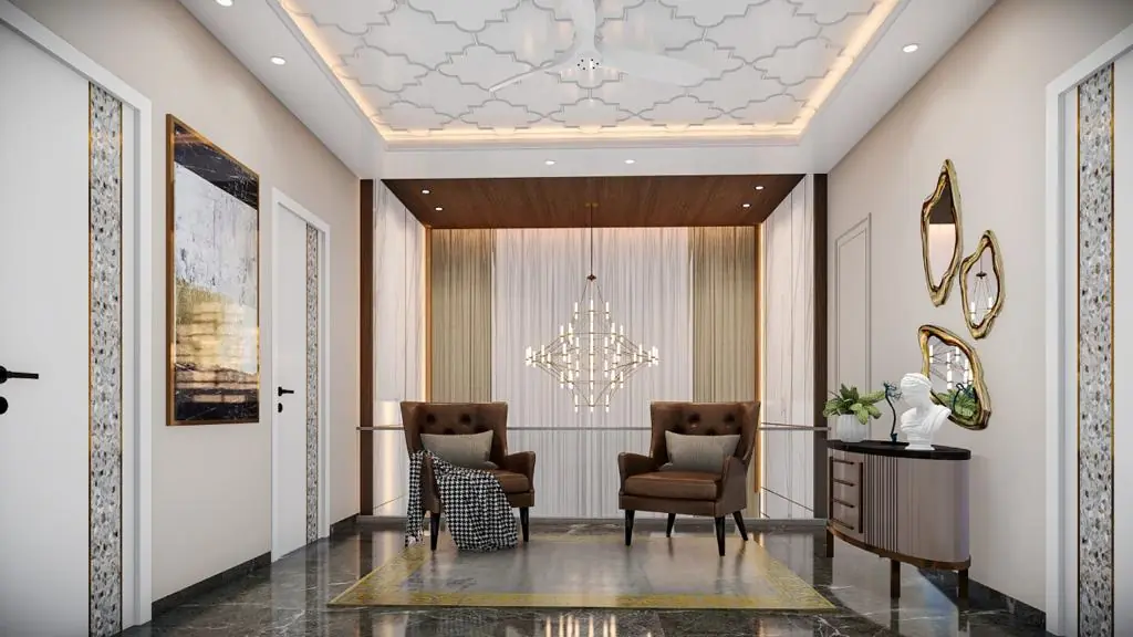 Foyer with quatrefoil ceiling pattern and gold mirrors