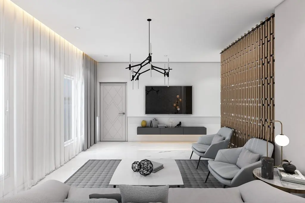 Living room with wood-slat privacy screen and hexagon TV wall