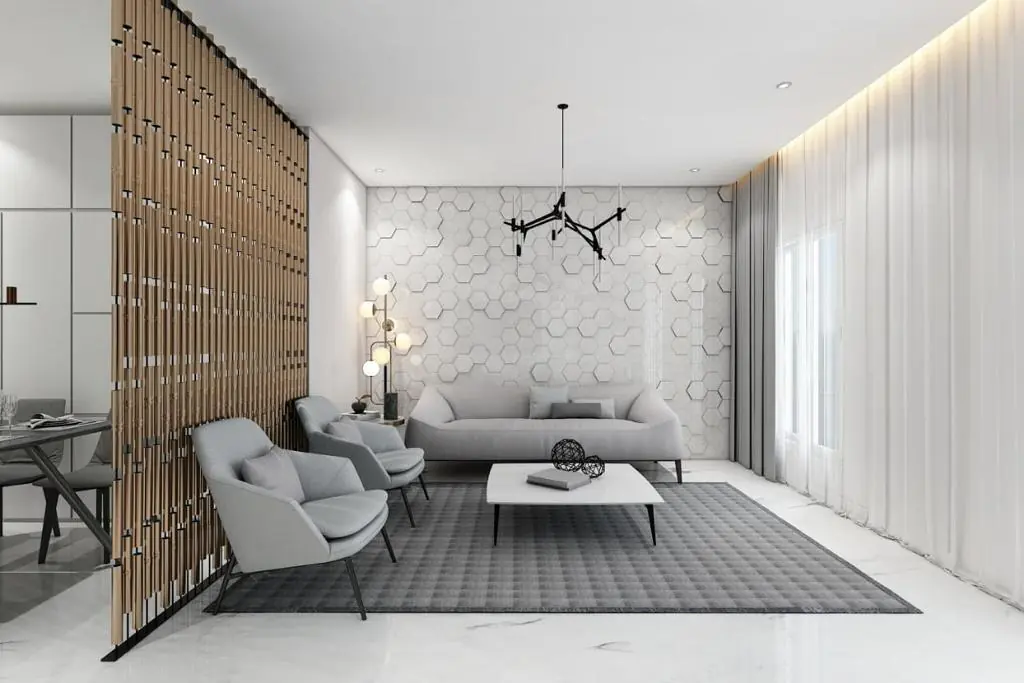 Living room with wood-slat screen, daylight view
