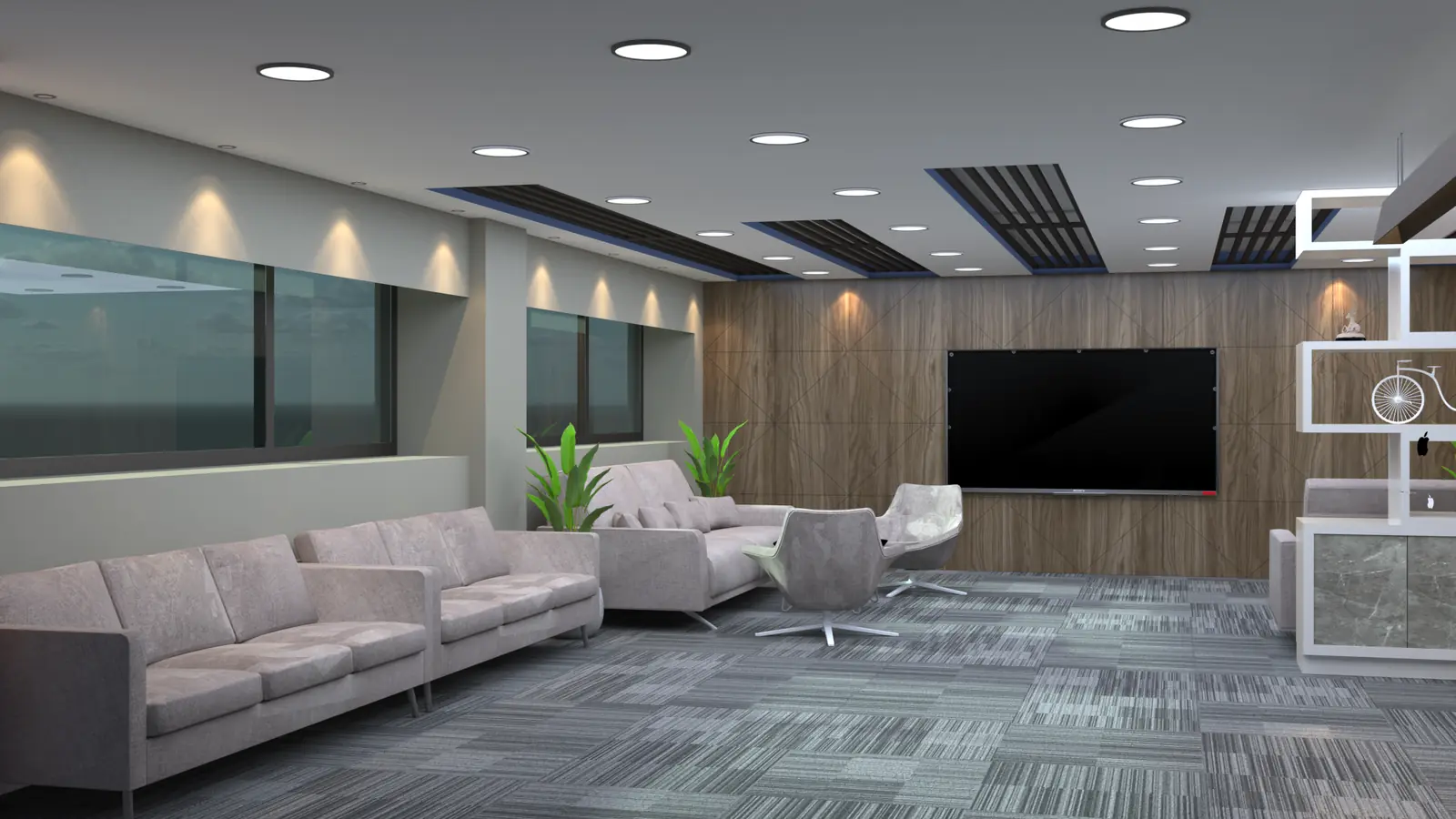 Office waiting lounge with wood-panel TV wall