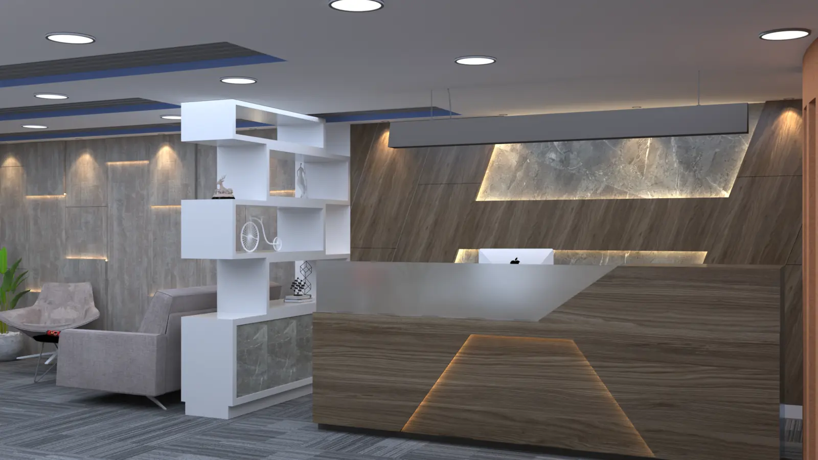 Reception desk with backlit stone wall