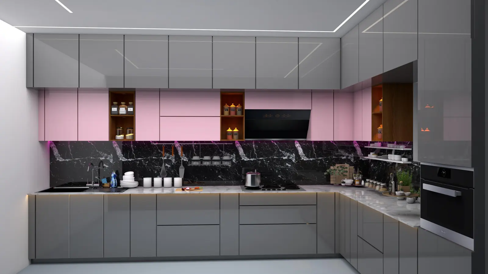 Kitchen in mint gloss cabinetry