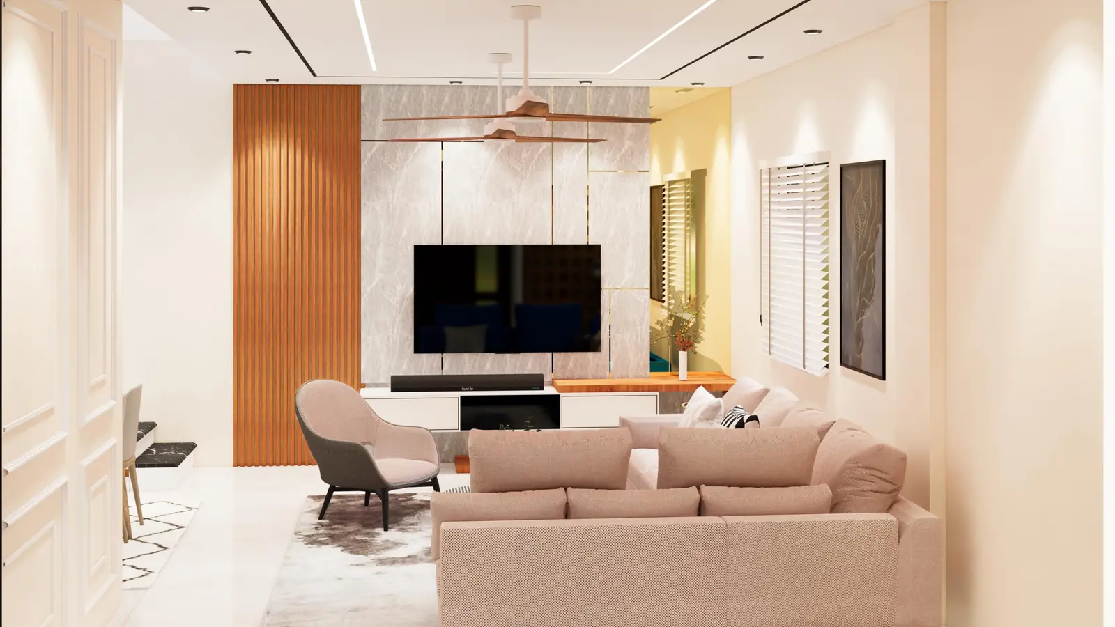 Living room with curved TV wall