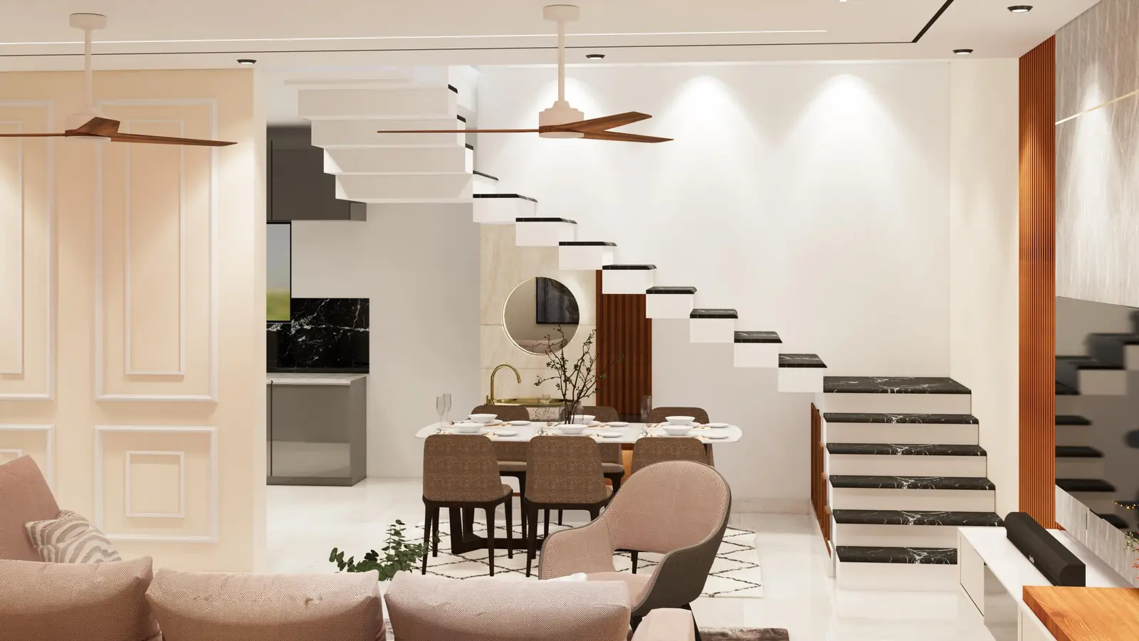 Open living, dining and staircase layout