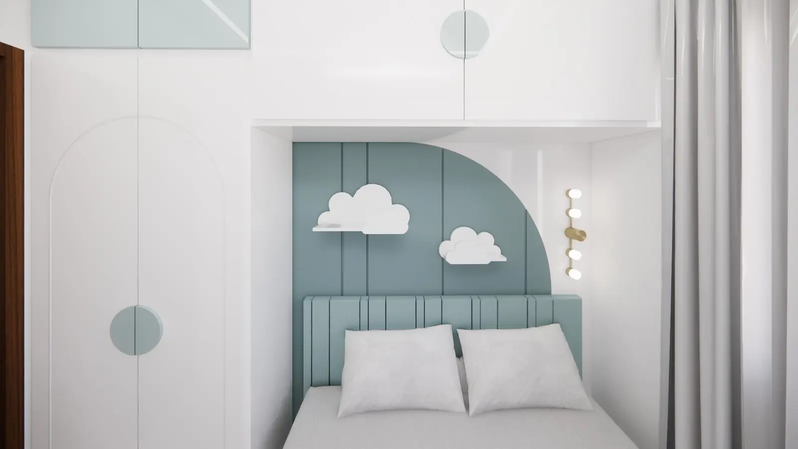 Kids' room with cloud-motif headboard