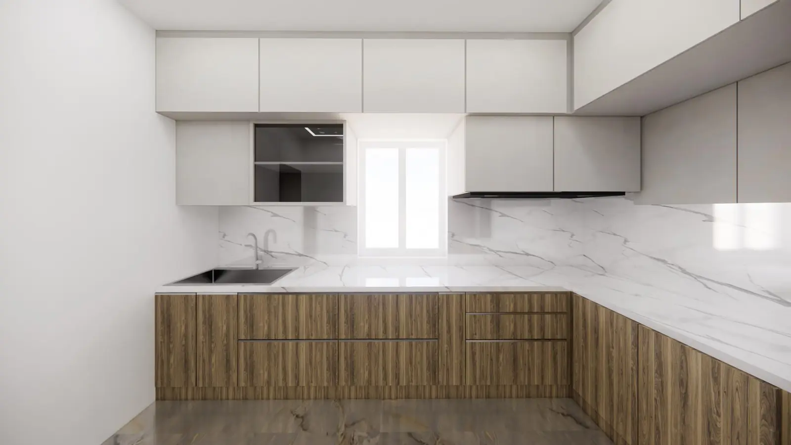 Kitchen in white and warm-wood tones