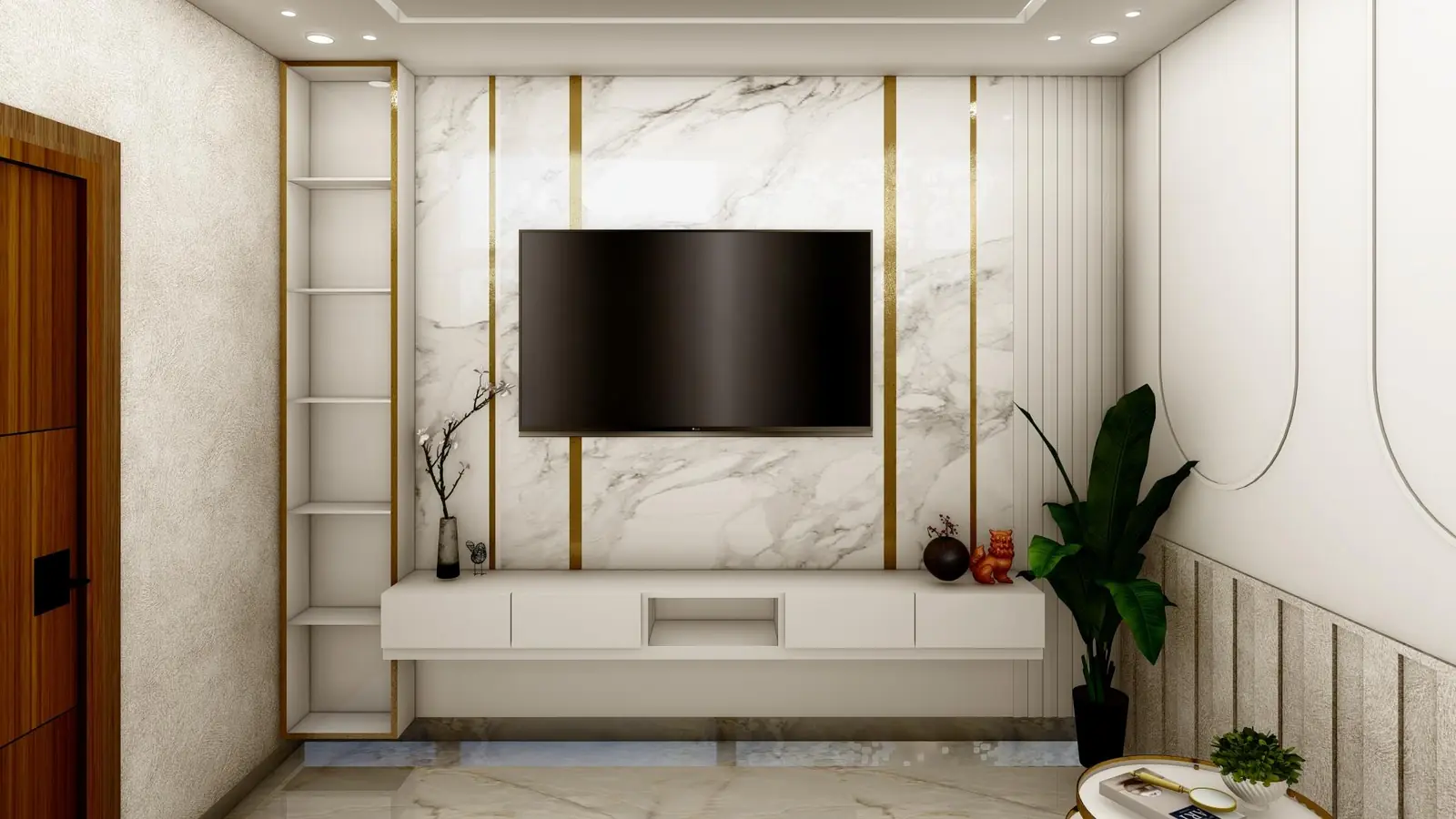 Living room with grey sectional and gold-trim TV wall
