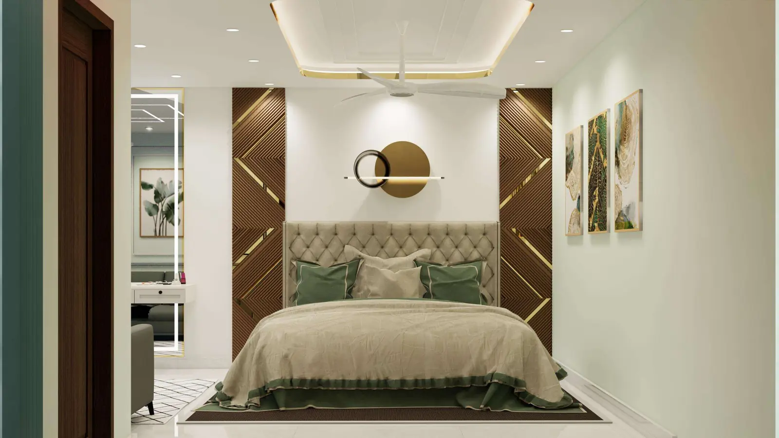 Sage-green bedroom with brass wall medallions