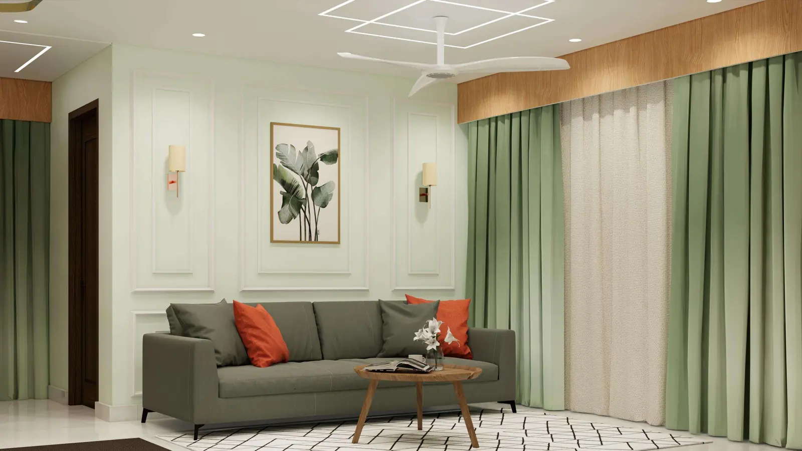 Sage-green living room with walnut TV console