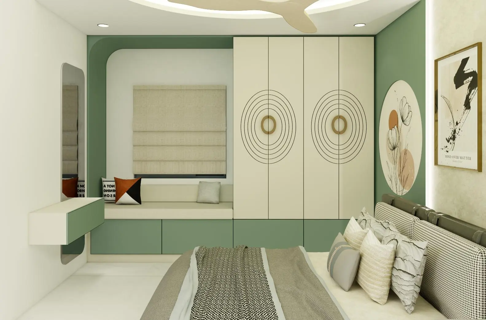Bedroom with sage-green circular accent wall