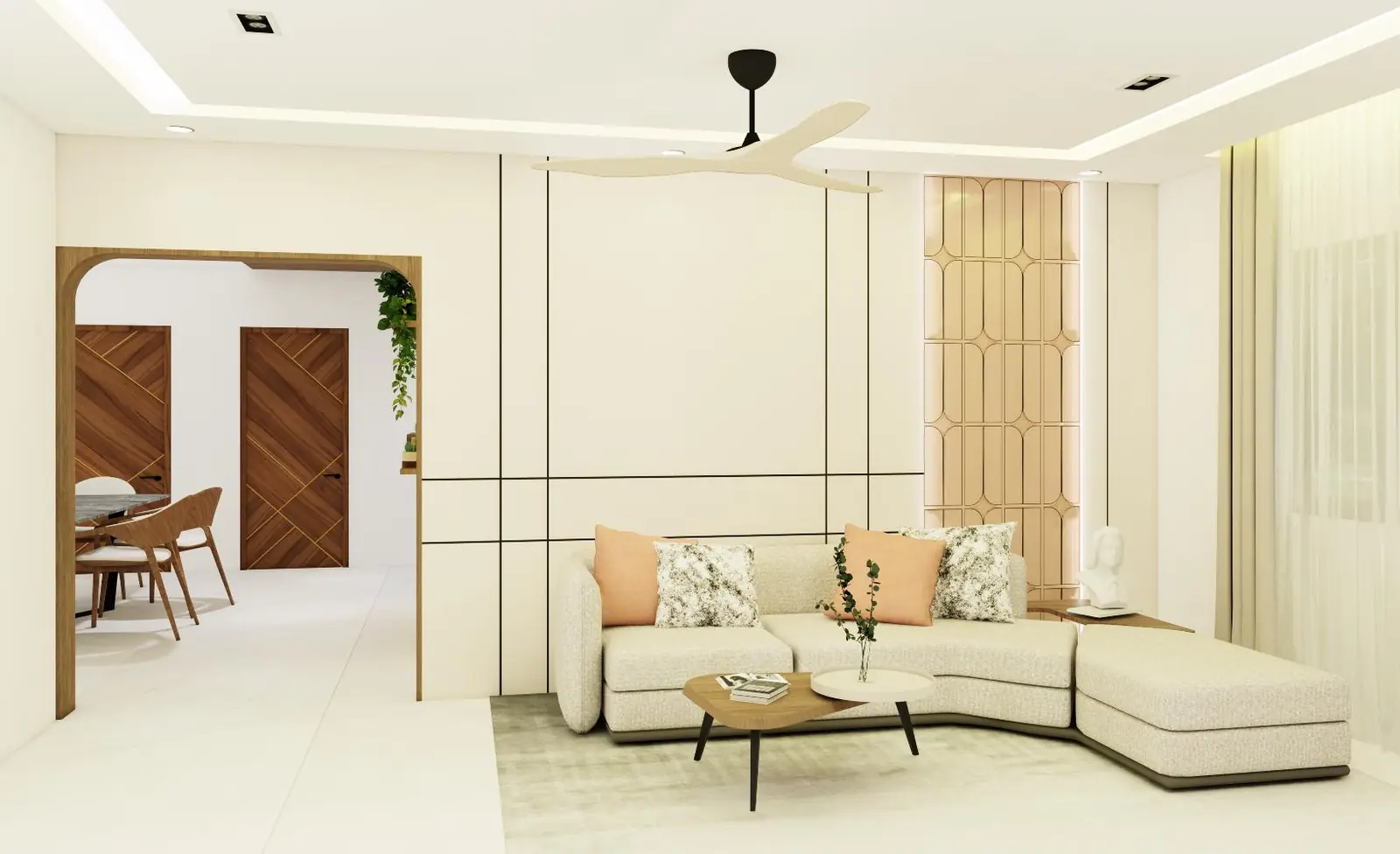 Living room with arched TV recess