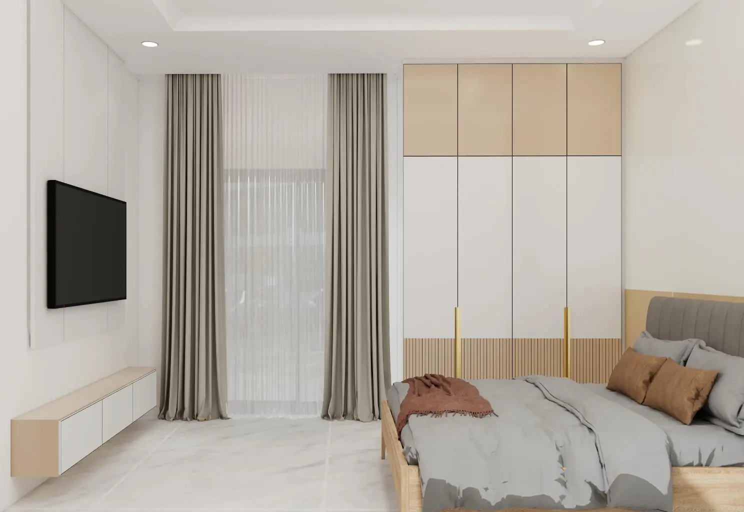 Bedroom with sage wardrobe and window seat