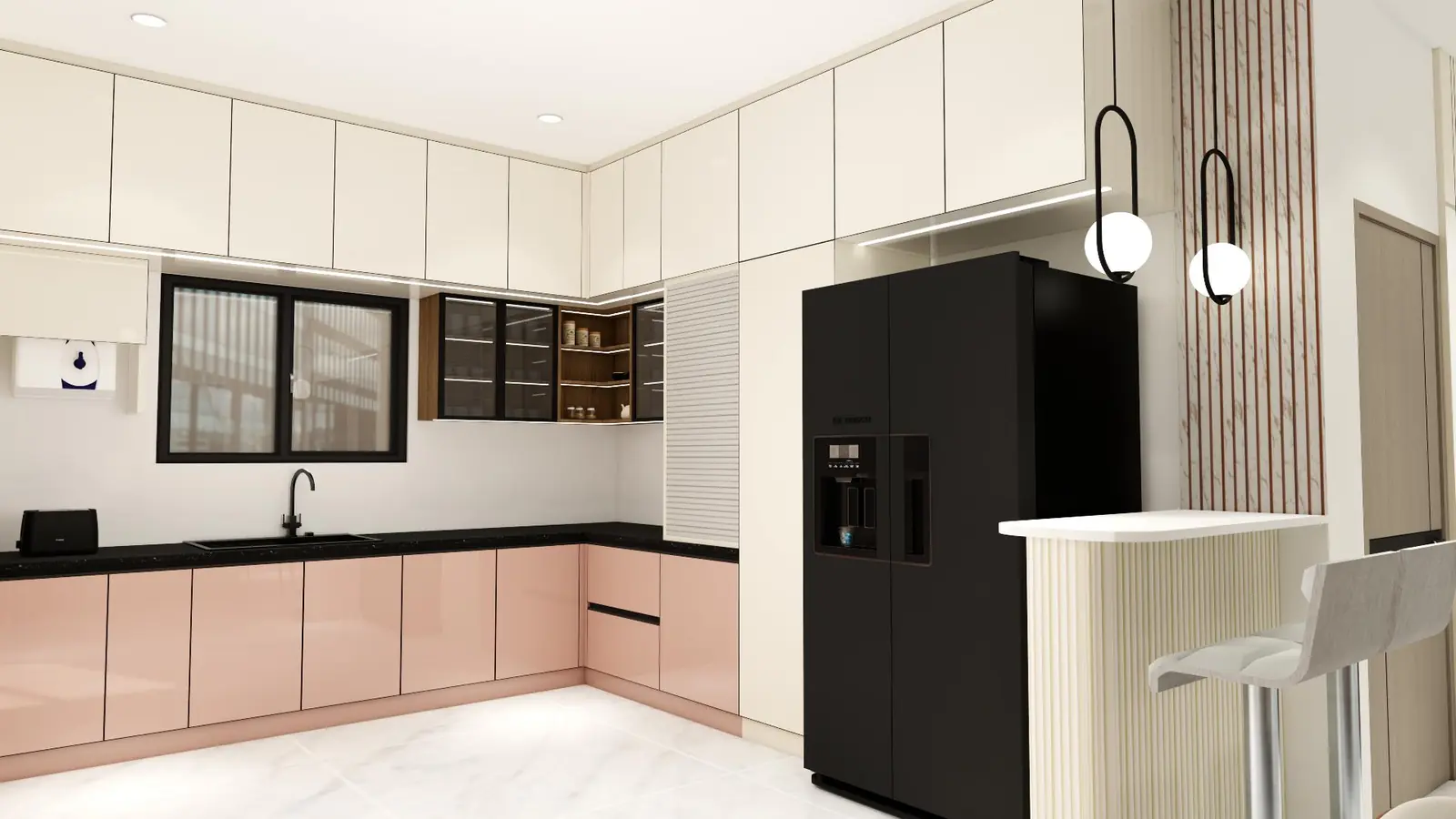 Kitchen in blush-pink gloss cabinetry