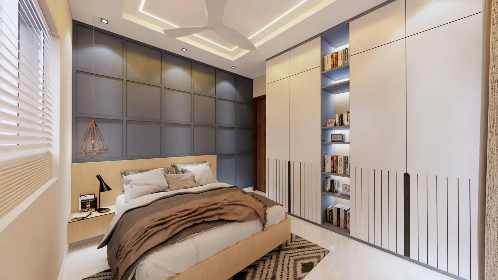 Bedroom with charcoal panelled headboard wall