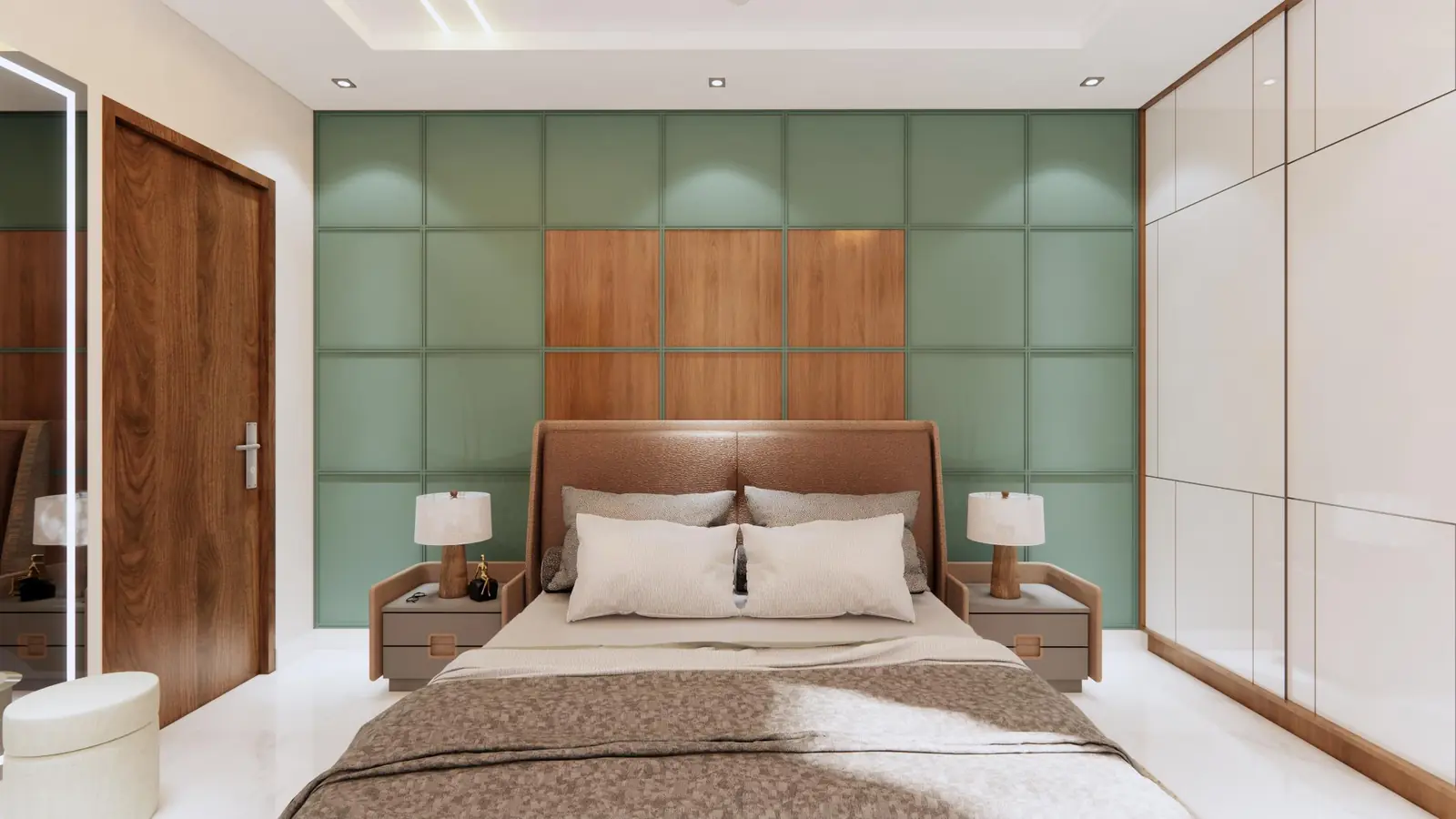 Bedroom with sage-green tufted headboard wall