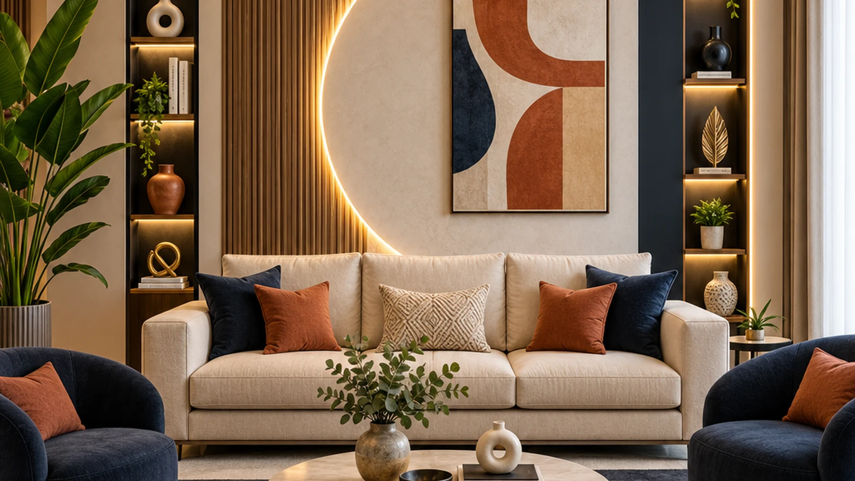 Living room with a backlit curved accent wall, terracotta and navy cushions