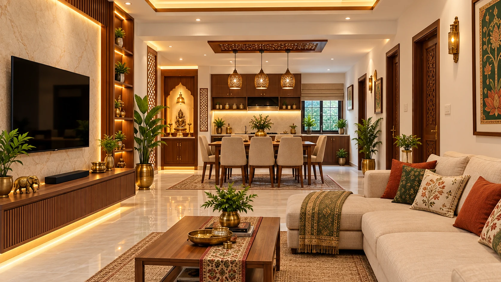 Warm living and dining interior with pendant lighting